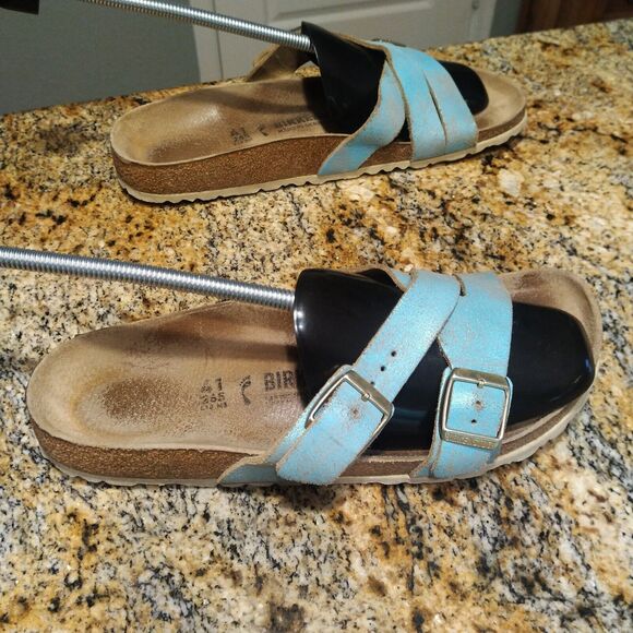Birkenstock Yao Washed Metallic Aqua Blue Leather Sandals Women's Size 41 US 10 - Picture 6 of 13